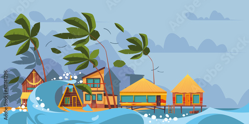 Tsunami background. Water distruction beach buildings weather disaster nature problems environment storm with rain risk for people big crisis garish vector danger tsunami picture photo