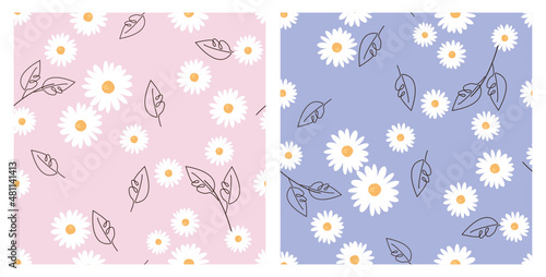 Seamless patterns with trendy daisy flower and one line art of leaves on pink and purple backgrounds vector.