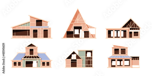 Construction stages. Building cottages exterior house foundation processes wooden roofing garish vector flat illustrations