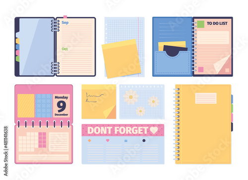 Journal. Planners travel books sketchbooks with paper notes creative diary top view notepad garish vector flat templates collection