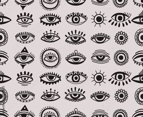Seamless pattern Evil eye third element hand drawn.Esoteric mystic symbol,authentic icon.