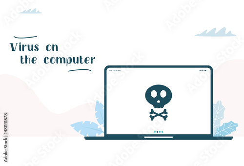 Virus on the computer. Malware caution concept, spam data, fraud internet error, insecure risk danger connection, online scam, virus ransomware note. Vector image