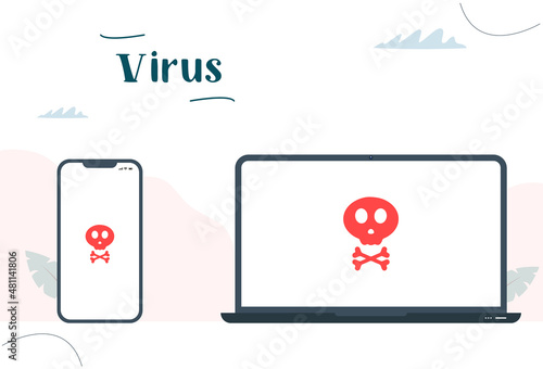 Virus on the computer or phone. Malware caution concept, spam data, fraud internet error, insecure risk danger connection, online scam, virus ransomware note. Vector image