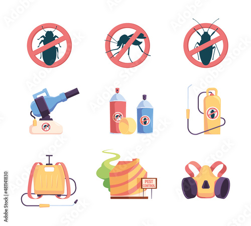 Harmful insects. Exterminator professional control air chemical disinfection house pests garish vector flat pictures set collection