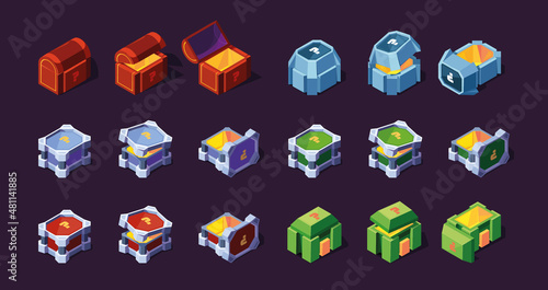Boxes 3d. Steel and wooden chest cardboard containers for surprise garish vector isometric boxes in cartoon style