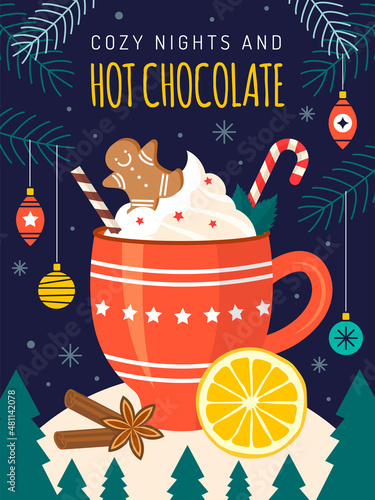 Christmas poster. Decorative xmas placard with winter drink in cup coffee or tea with marshmallows recent vector ads template with place for text