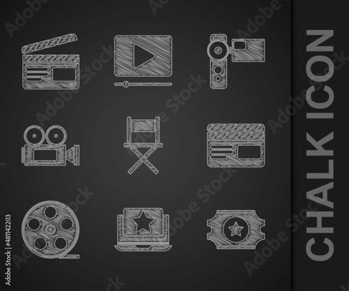 Set Director movie chair, Laptop with star, Cinema ticket, Movie clapper, Film reel, camera, and icon. Vector