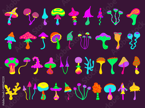 Toxic mushroom. Unhealthy botanical poisonous toxic food colorful neon fairytale forest psychedelic mushrooms recent vector set