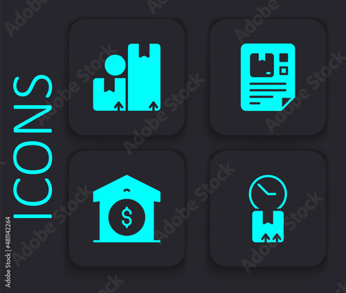 Set Cardboard box with clock, Carton cardboard, Waybill and Warehouse price icon. Black square button. Vector