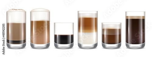 Coffee cups. Hot delicious drinks in transparent glasses beverage foam in mug espresso mocha americano coffee decent vector realistic template