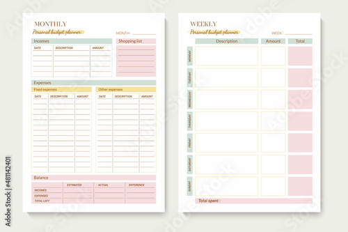 Minimalist printable planner page templates. Monthly, weekly budget planner. Vector graphic set for budget organization. photo