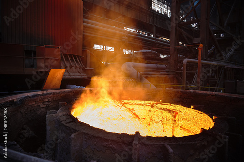 Steel ladle degassing unit VD  VOD. Ladle with hot liquid metal. Steel production. Metallurgy. Industry