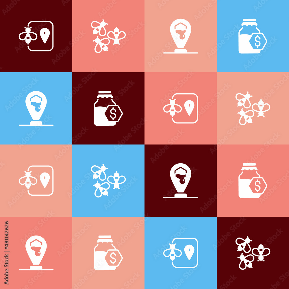 Set pop art Bee location, Bees, Honeycomb bee and Sale in jar of honey icon. Vector Set pop art Bee location, Bees, Honeycomb bee and Sale in jar of honey icon. Vector