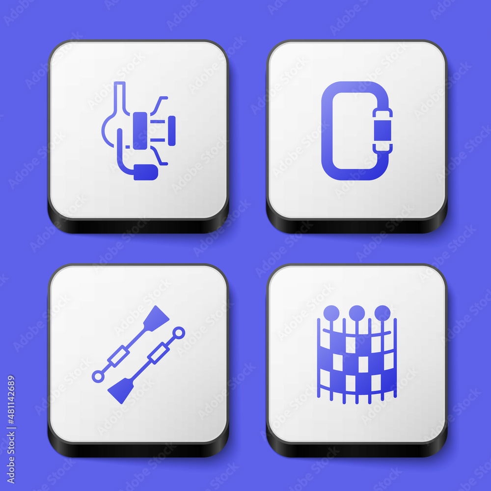 Set Spinning reel for fishing, Carabiner, Oars paddles boat and Fishing net pattern icon. White square button. Vector Set Spinning reel for fishing, Carabiner, Oars paddles boat and Fishing net pattern icon. White square button. Vector