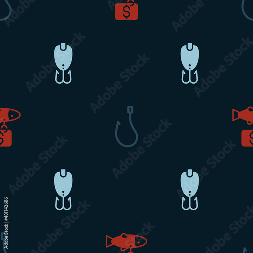 Set Price tag for fish, Fishing hook and lure on seamless pattern. Vector