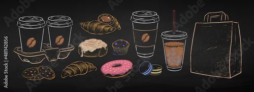 Chalked takeaway Coffee cups and baked desserts