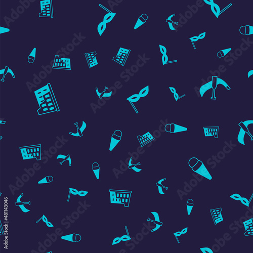 Set Coliseum, Gondola boat, Carnival mask and Ice cream in waffle on seamless pattern. Vector