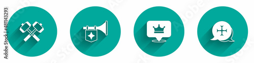 Set Crossed battle hammers, Trumpet with flag, King crown and Crusade icon with long shadow. Vector