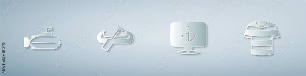 Set Submarine, Kayak and paddle, Anchor and Striped sailor t-shirt. Paper art style. Vector Set Submarine, Kayak and paddle, Anchor and Striped sailor t-shirt. Paper art style. Vector