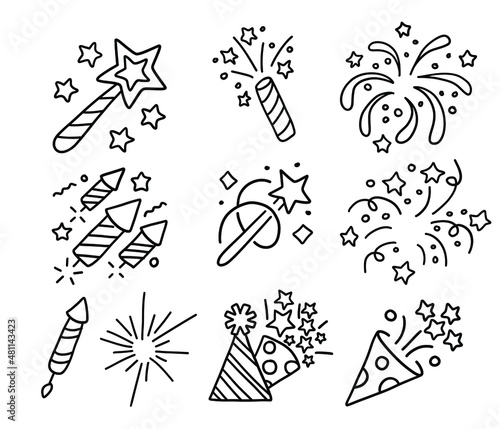 New year party doodle elements in black isolated over white background