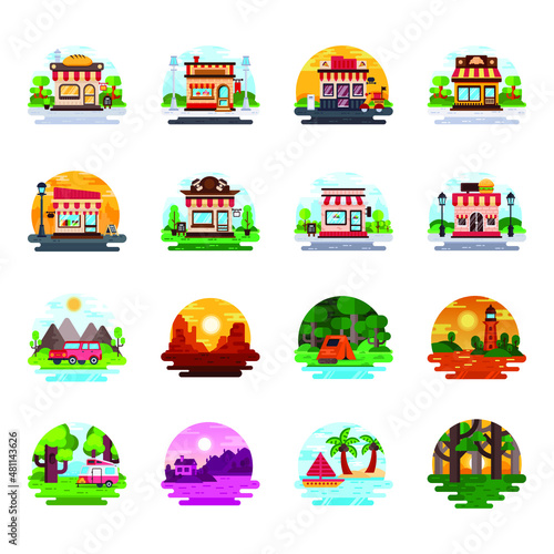 Food Shops and Nature Landscape Illustrations 