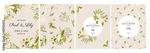 Set of floral wedding templates. Vector flat illustrations in warm color palette. Elegant and vintage.
