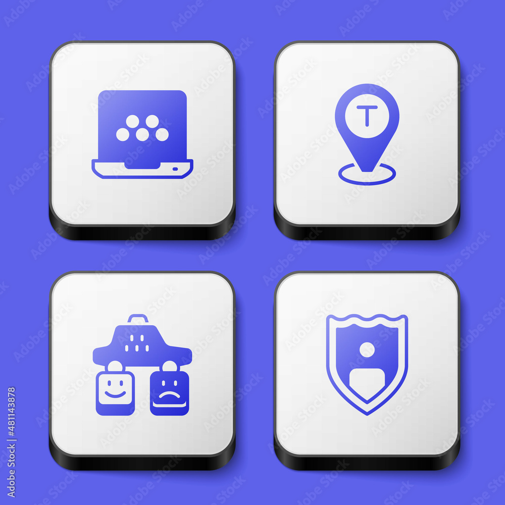 Set Taxi mobile app, Location taxi car, service rating and Life insurance with shield icon. White square button. Vector Set Taxi mobile app, Location taxi car, service rating and Life insurance with shield icon. White square button. Vector