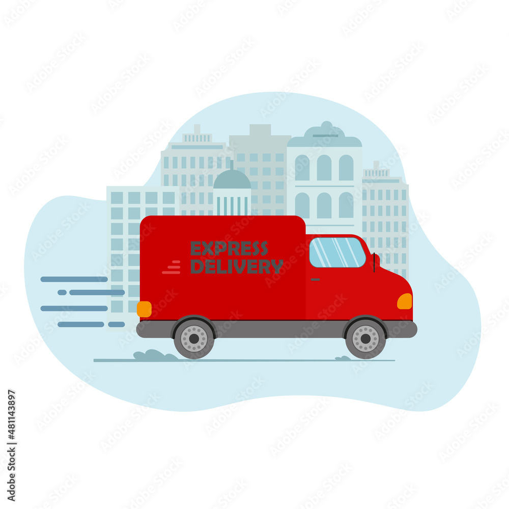 Express delivery truck is carrying parcels on points. Concept online map, tracking, service. Vector illustration. Express delivery truck is carrying parcels on points. Concept online map, tracking, service. Vector illustration.