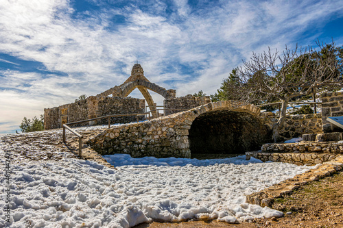 Cava Gran or Cava Arquejada was to store snow to produce and then later commercialise ice. The structure sits amid the mountainscape of de Mariola natural park in Agres, Alicante, Spain. photo