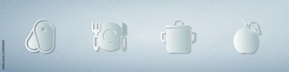 Set Steak meat, Plate, fork and knife, Cooking pot and Plum fruit. Paper art style. Vector Set Steak meat, Plate, fork and knife, Cooking pot and Plum fruit. Paper art style. Vector