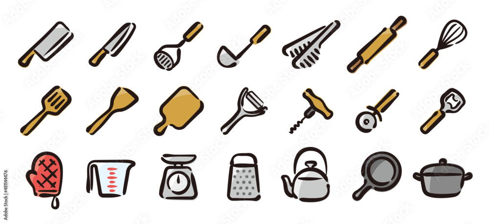Obraz premium Kitchen tool icon set for graphic (Hand-drawn line, colored version)