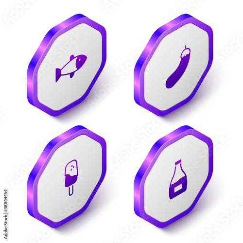 Set Isometric Fish, Eggplant, Ice cream and Sauce bottle icon. Purple hexagon button. Vector