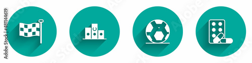 Set Checkered flag, Award over sports winner podium, Soccer football ball and Sports doping with dumbbell icon with long shadow. Vector