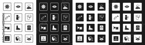 Set Shit, Abdominal bloating, Syringe, Virus, Stethoscope, Reddish eye, Eye test chart and Hospital bed icon. Vector