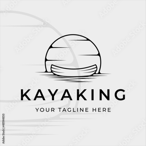 kayaking or canoe logo line art simple minimalist vector illustration template icon graphic design. kayak at river with sun sign or symbol for adventure sport concept