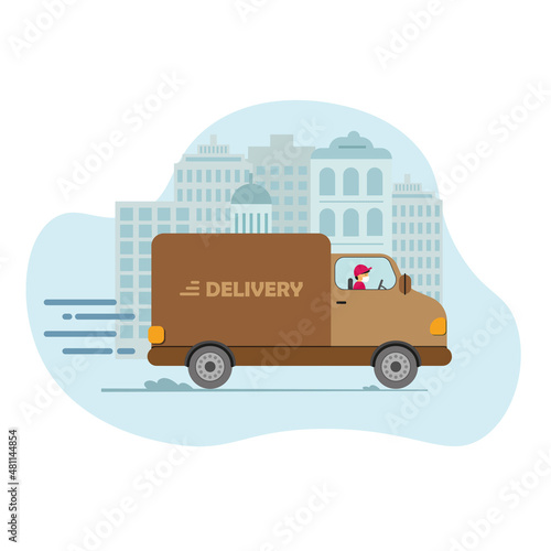 Online delivery service concept, online order tracking, delivery home and office. Warehouse, truck, drone courier, delivery man in respiratory mask. Vector illustration.