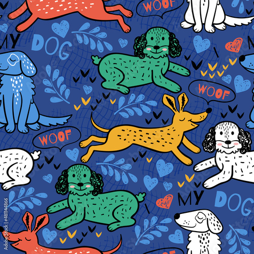 Seamless vector pattern with cute dogs. Funny puppies are favorite cartoon pets. Trendy scandinavian template for baby textiles, fashion, fabrics, wrapping paper.