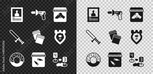 Set Wanted poster, Police megaphone, Evidence bag with gun, Donut, bullet, Marker of crime scene, rubber baton and Plastic ziplock icon. Vector