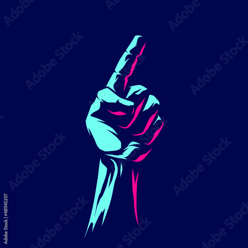 Index finger first position neon line pop art potrait logo colorful design with dark background. Abstract vector illustration. 