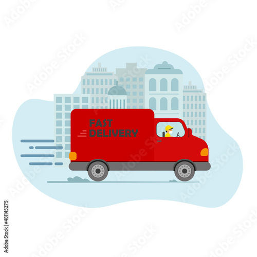 Online delivery service concept, online order tracking, delivery home and office. Warehouse, truck, drone courier, delivery man in respiratory mask. Vector illustration.