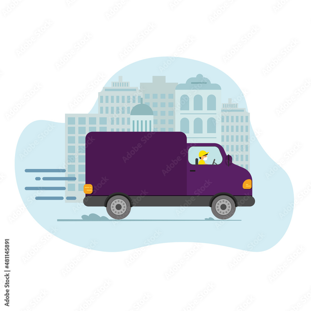 Online delivery service concept, online order tracking, delivery home and office. Warehouse, truck, drone courier, delivery man in respiratory mask. Vector illustration.