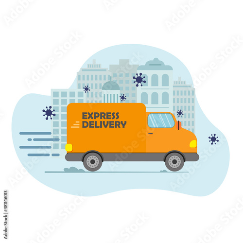 Online delivery service concept, online order tracking, delivery home and office. Warehouse, truck, drone courier. Vector illustration.