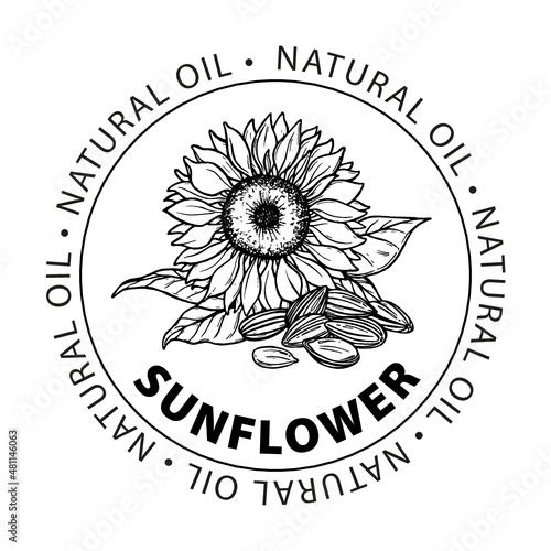 Sunflower natural oil. Label for bottle sunflower oil. Sunflower and seeds, outline vector illustration. Sunflower oil. Templates label for sunflower oil. Isolated on white background