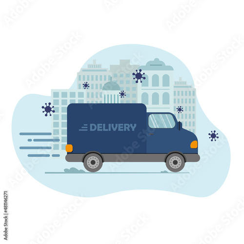 Online delivery service concept, online order tracking, delivery home and office. Warehouse, truck, drone courier. Vector illustration.