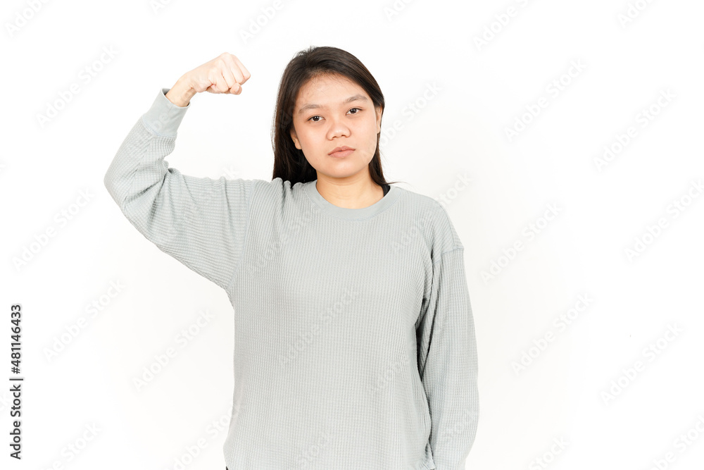 Showing strength arms Of Beautiful Asian Woman Isolated On White Background Showing strength arms Of Beautiful Asian Woman Isolated On White Background