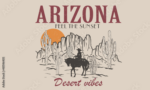 Desert vibes with cactus vintage graphic print design for t shirt and others. Arizona adventure artwork.