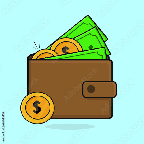brown wallet full of money dollar and coins flat vector design illustration icon logo wallpaper background