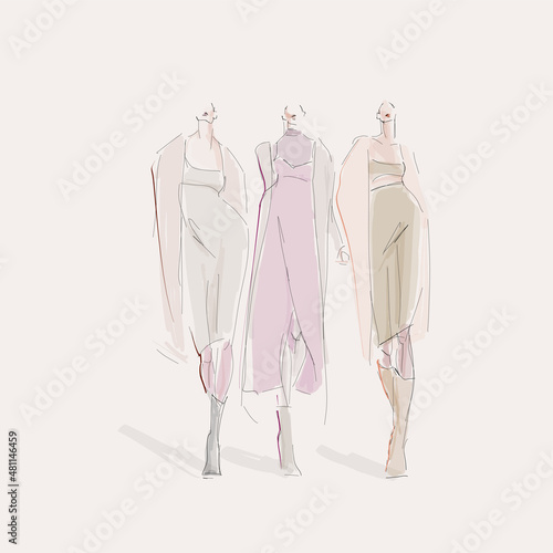 Young stylish women, girls, models. Fashion illustration in sketch style. Vector