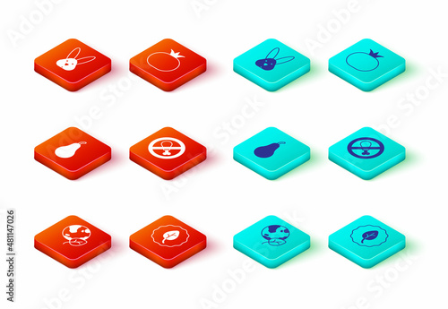 Set Earth globe and leaf, Leaf or leaves, Pear, No meat, Tomato and Animal cruelty free icon. Vector