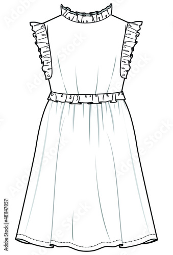 women sleeveless high neck ruffle babydoll dress fashion flat sketch vector illustration
